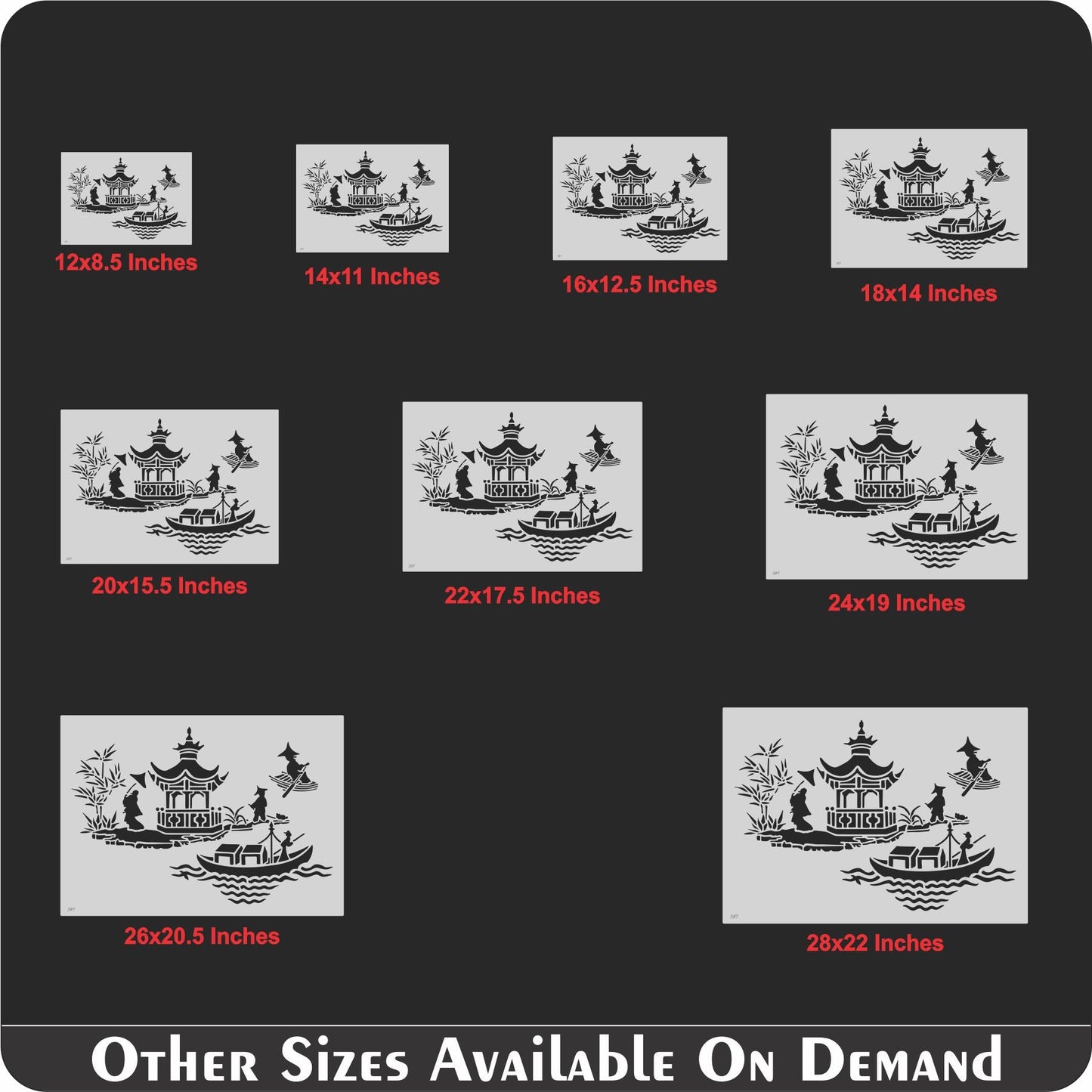 Asian Pagoda & Boat Scene Stencil for Walls, Furniture & Fabric – Oriental Landscape Design – ID#597