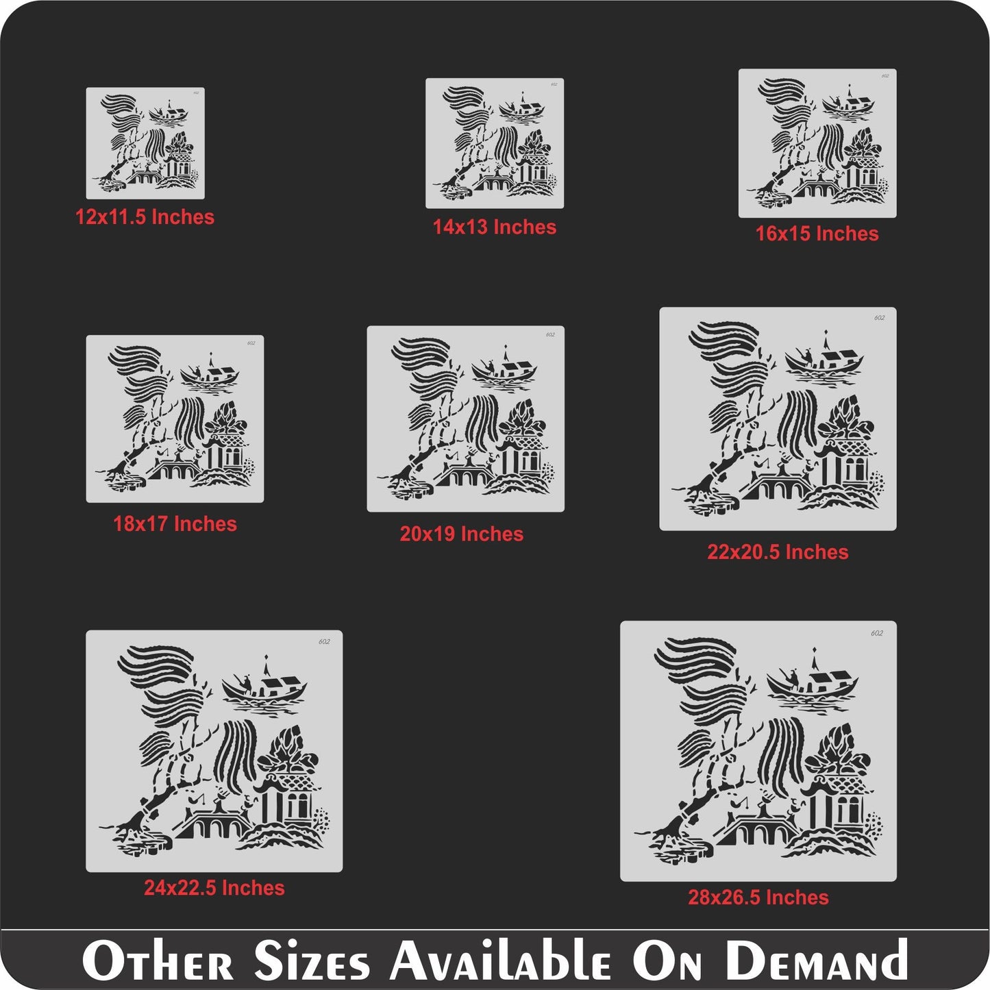 Oriental River Boat & Pagoda Stencil for Wall, Wood & Fabric Art – Asian Landscape Design – ID# 119