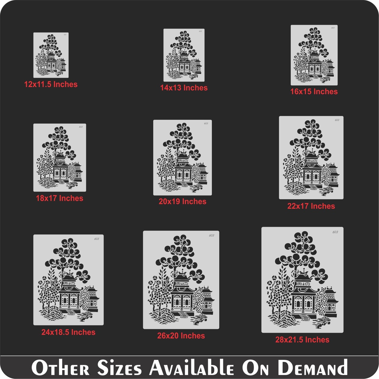 Oriental Pagoda Garden Stencil for Wall, Fabric & Furniture Painting – Asian Temple Design – ID# 603