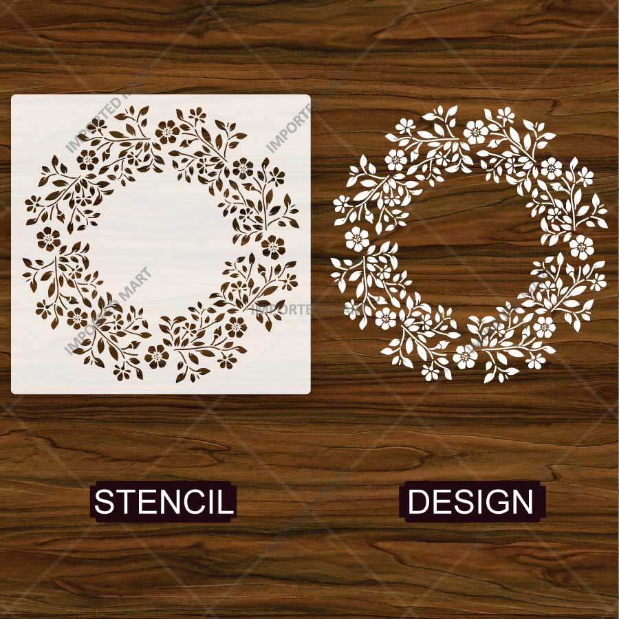 Botanical Circle Wreath Stencil for Wall, Wood & Fabric Art – Floral Ring Frame Design – ID# 763