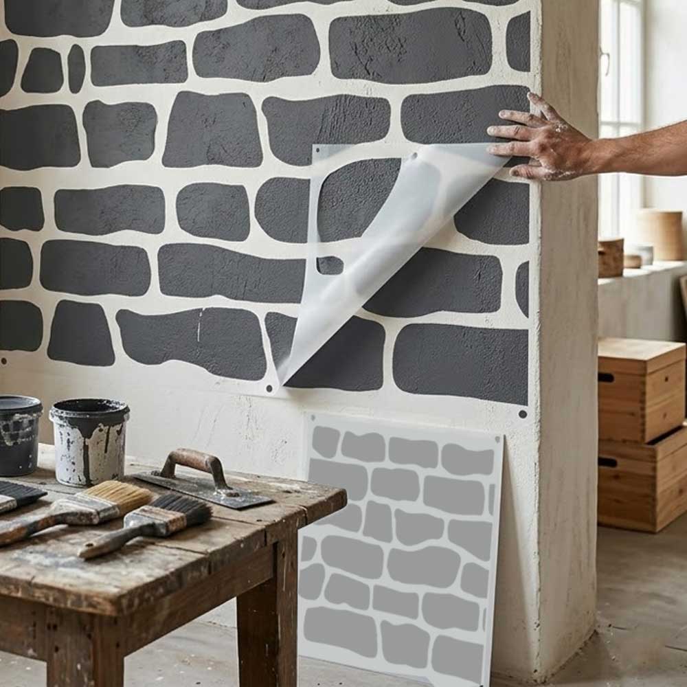 Rustic Stone Wall Brick Stencil for Wall, Concrete & Texture Paint Decor – Faux Rock Pattern