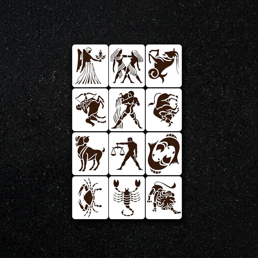 Zodiac Signs Stencil Set for Wall, Wood & Fabric Art – 12-Piece Astrology Symbol Pack – ID# 180