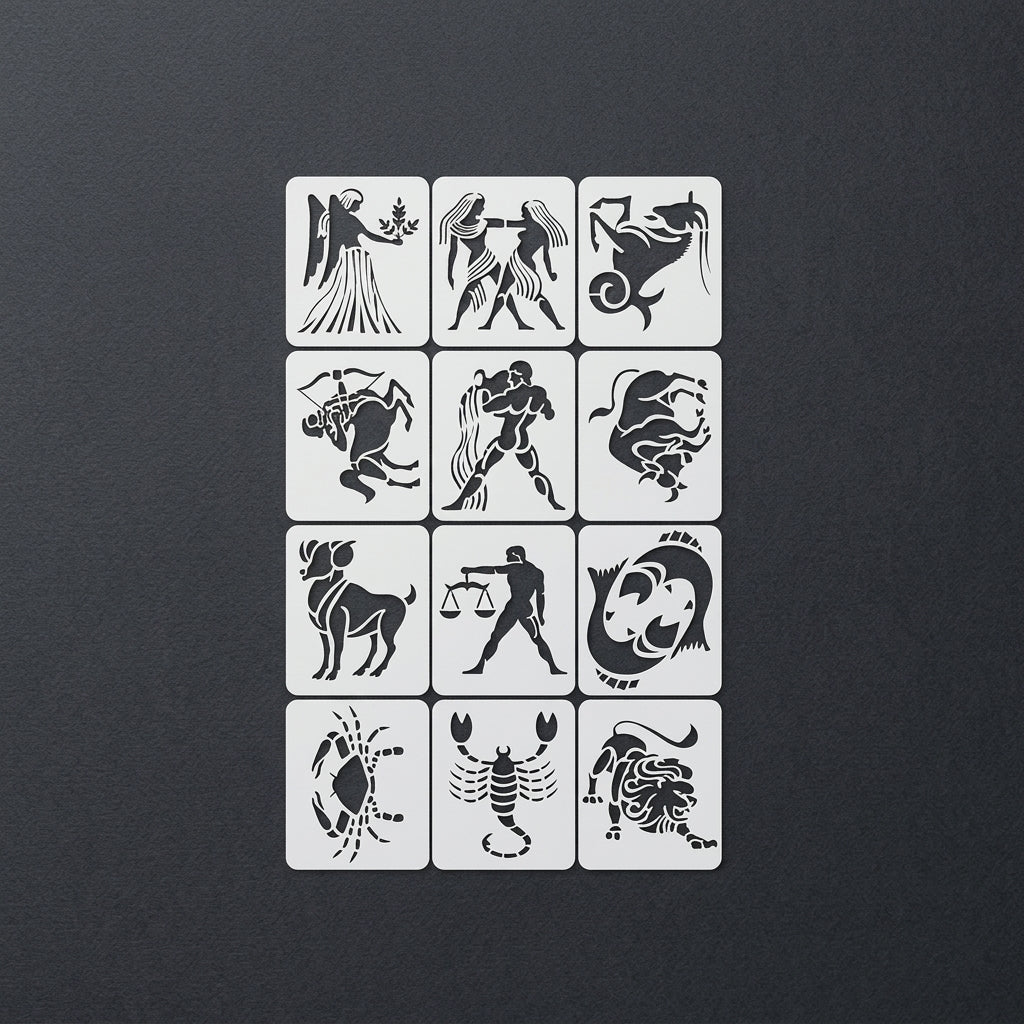 Zodiac Signs Stencil Set for Wall, Wood & Fabric Art – 12-Piece Astrology Symbol Pack – ID# 180