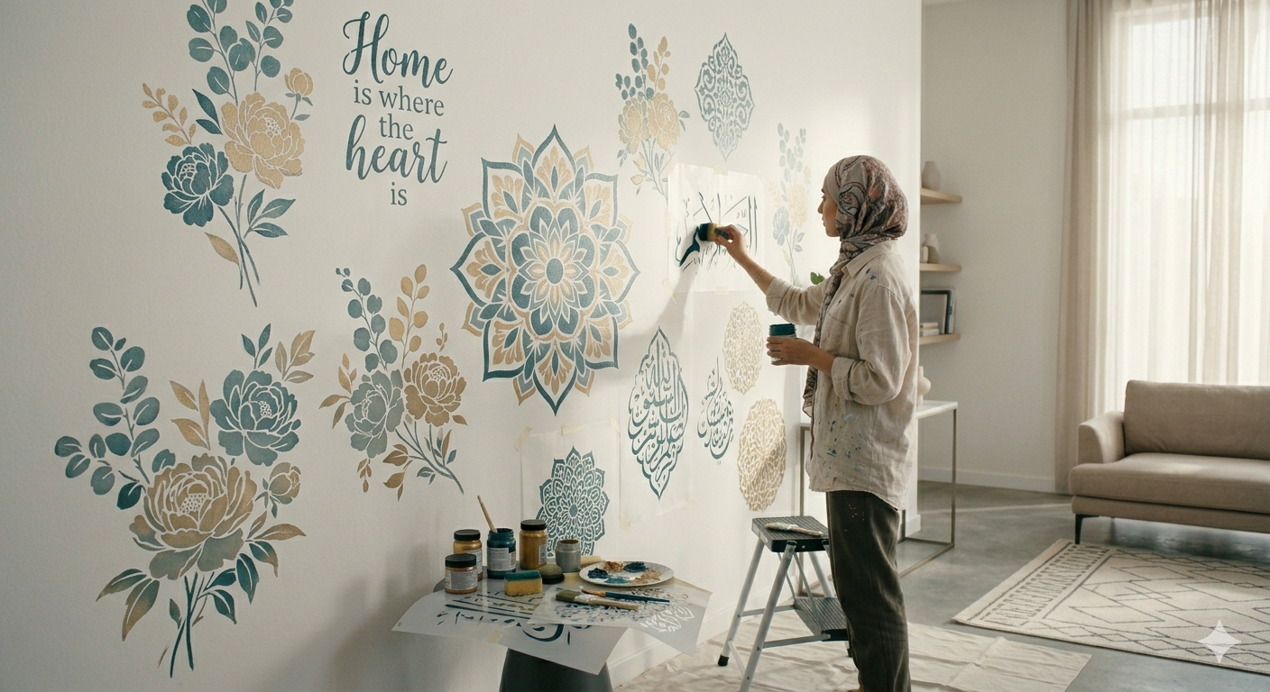 Browse a complete collection of reusable stencils including Islamic calligraphy, floral, mandala, and decorative patterns.