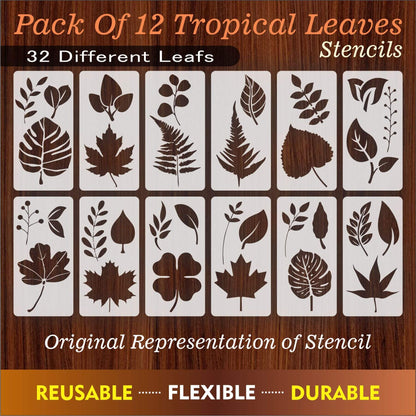 Pack Of 12 Tropical Leaves Reusable Stencil For Canvas And Wall Painting.ID#470