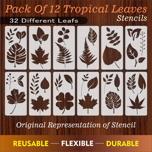 Pack Of 12 Tropical Leaves Reusable Stencil For Canvas And Wall Painting.ID#470