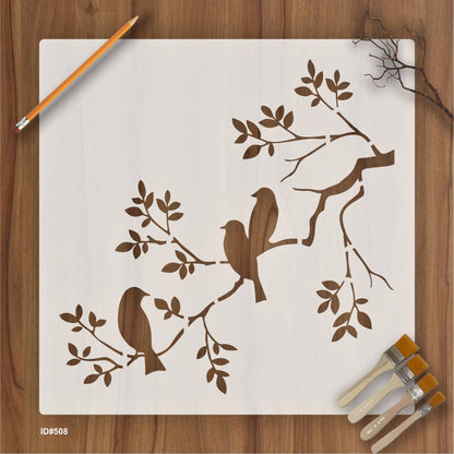 Birds On A Branch Wall Stencil Used for Wall, Wood, Fabrics Decoration Card Template. ID #508