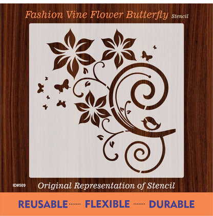Fashion Vine Flower Butterfly Stencil Used For Wall, Wood and Fabric. ID #509