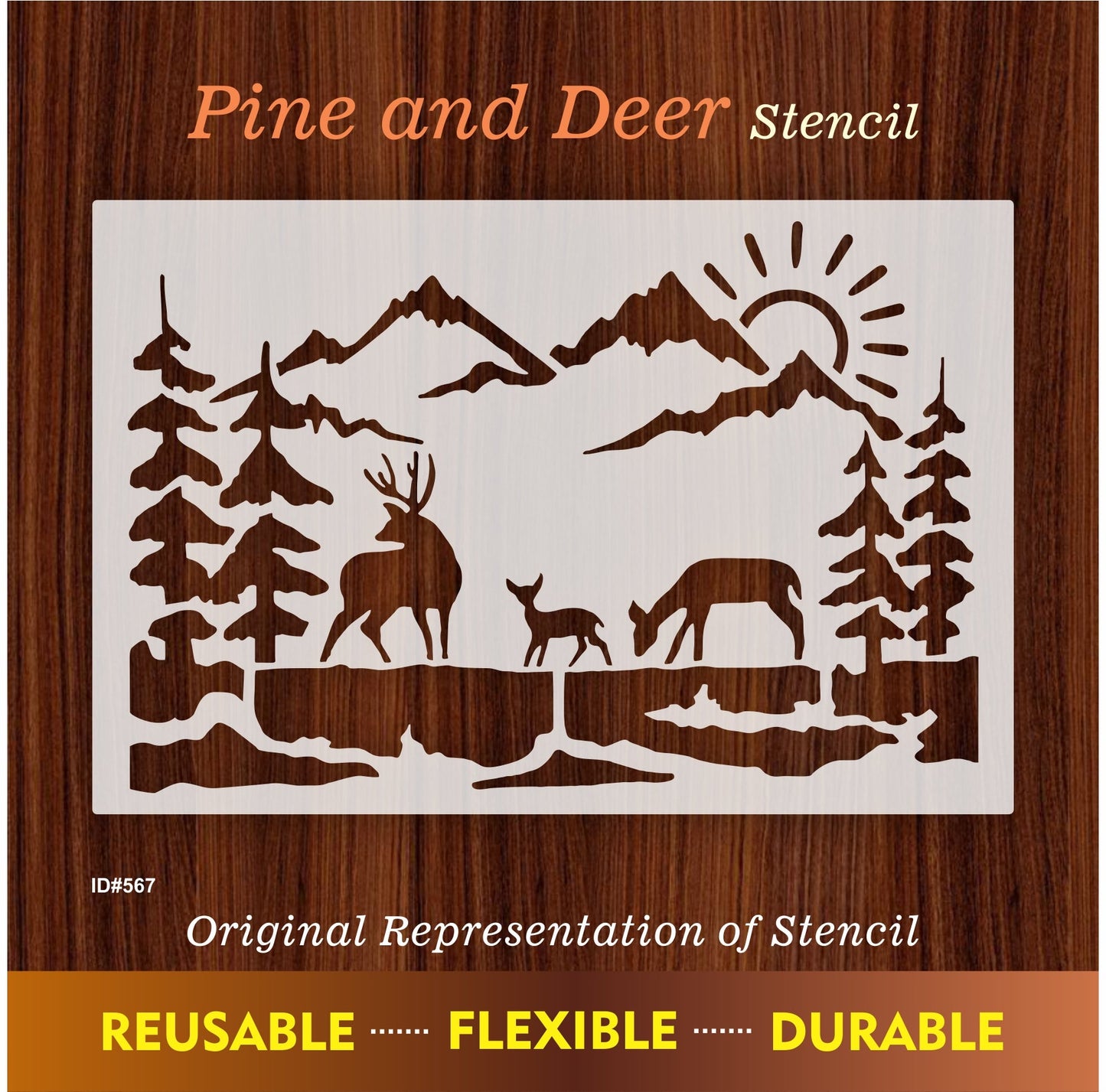 Deer Family Mountain Landscape Stencil for Walls, Wood & Fabric – Nature Scene Template – ID#567