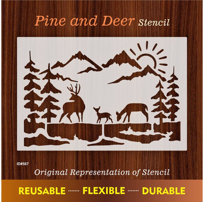 Deer Family Mountain Landscape Stencil for Walls, Wood & Fabric – Nature Scene Template – ID#567