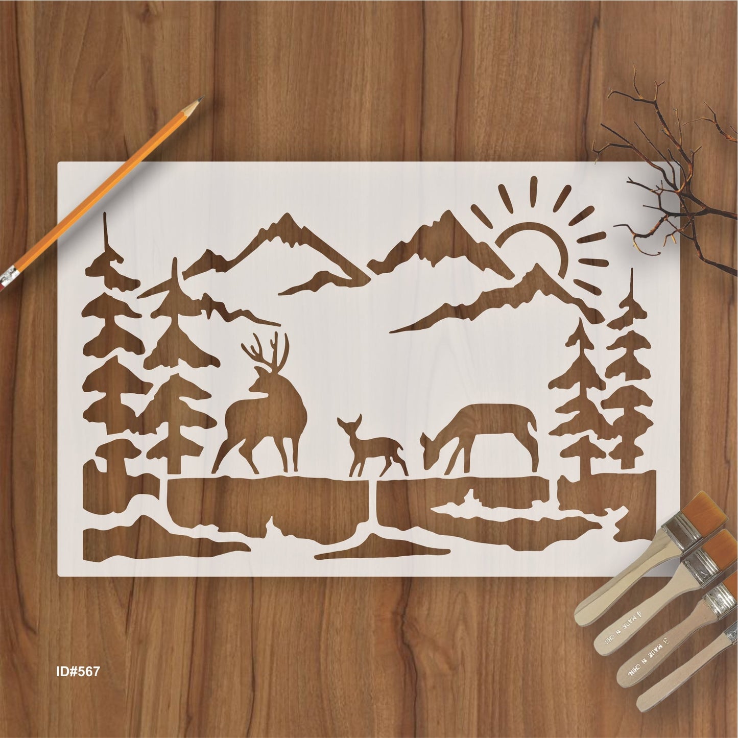 Deer Family Mountain Landscape Stencil for Walls, Wood & Fabric – Nature Scene Template – ID#567