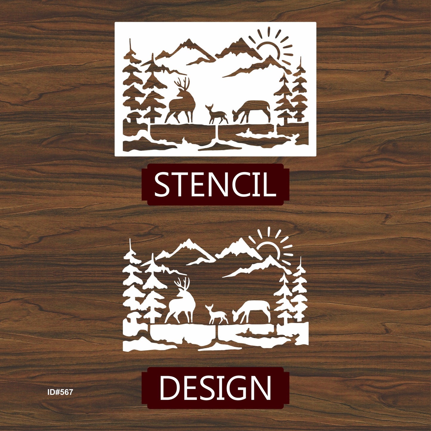 Deer Family Mountain Landscape Stencil for Walls, Wood & Fabric – Nature Scene Template – ID#567