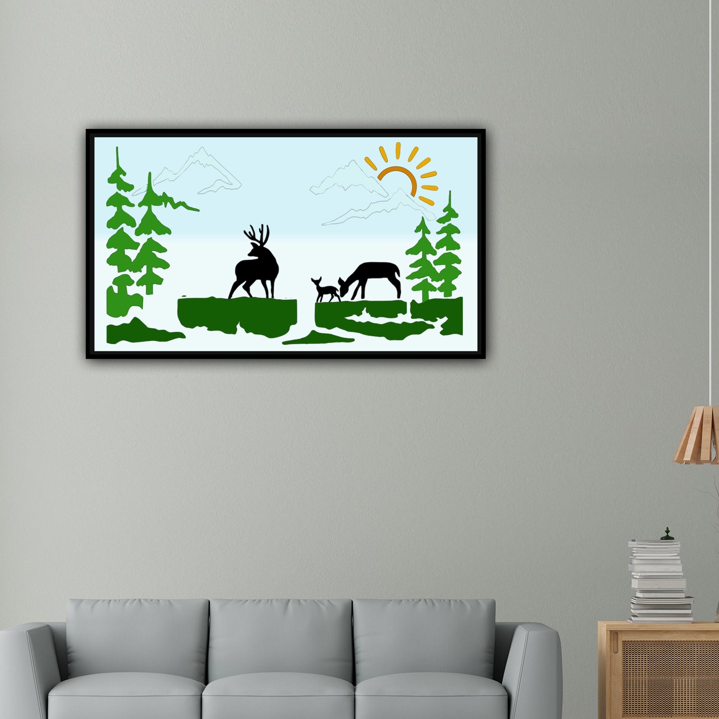 Deer Family Mountain Landscape Stencil for Walls, Wood & Fabric – Nature Scene Template – ID#567