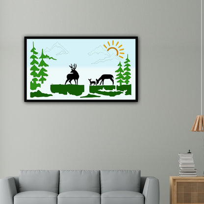 Deer Family Mountain Landscape Stencil for Walls, Wood & Fabric – Nature Scene Template – ID#567