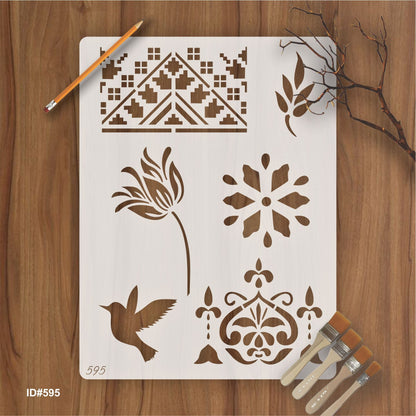 Floral & Bird Multi-Design Stencil for Wall, Wood, Fabric & Furniture Art – ID#595