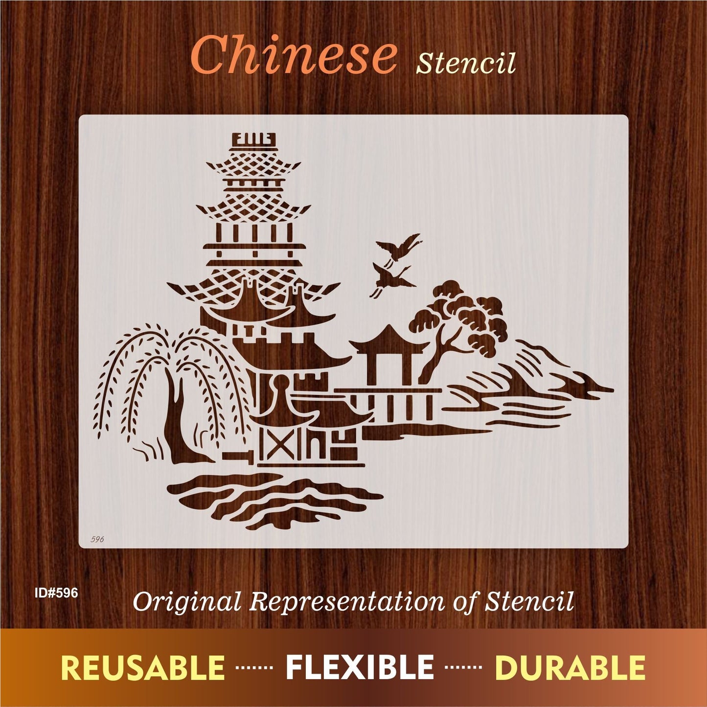 Japanese Pagoda & Landscape Stencil for Wall, Furniture & Fabric Art – Asian Temple Design – ID#596