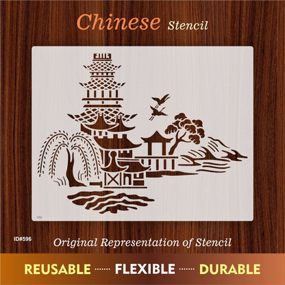 Japanese Pagoda & Landscape Stencil for Wall, Furniture & Fabric Art – Asian Temple Design – ID#596