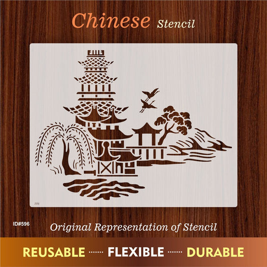 Japanese Pagoda & Landscape Stencil for Wall, Furniture & Fabric Art – Asian Temple Design – ID#596