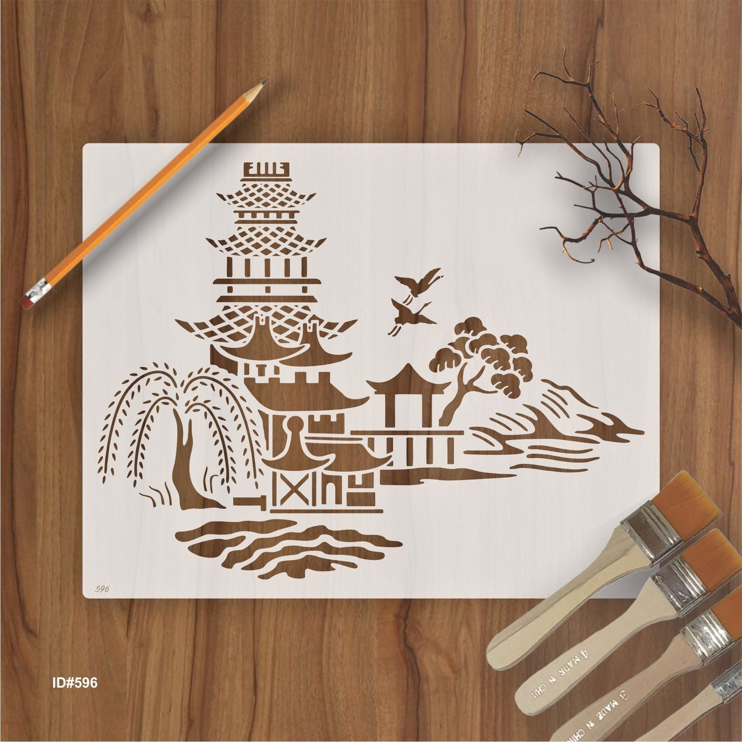 Japanese Pagoda & Landscape Stencil for Wall, Furniture & Fabric Art – Asian Temple Design – ID#596