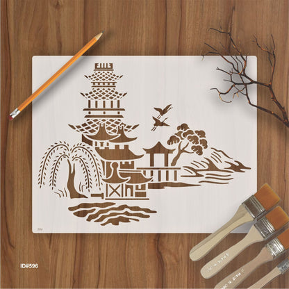 Japanese Pagoda & Landscape Stencil for Wall, Furniture & Fabric Art – Asian Temple Design – ID#596