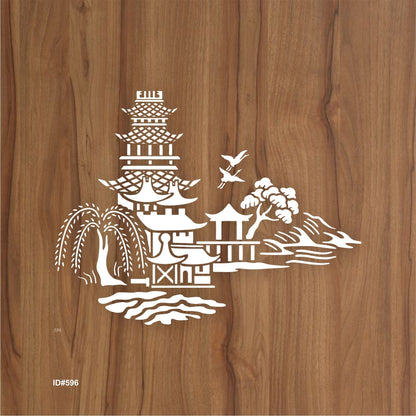 Japanese Pagoda & Landscape Stencil for Wall, Furniture & Fabric Art – Asian Temple Design – ID#596