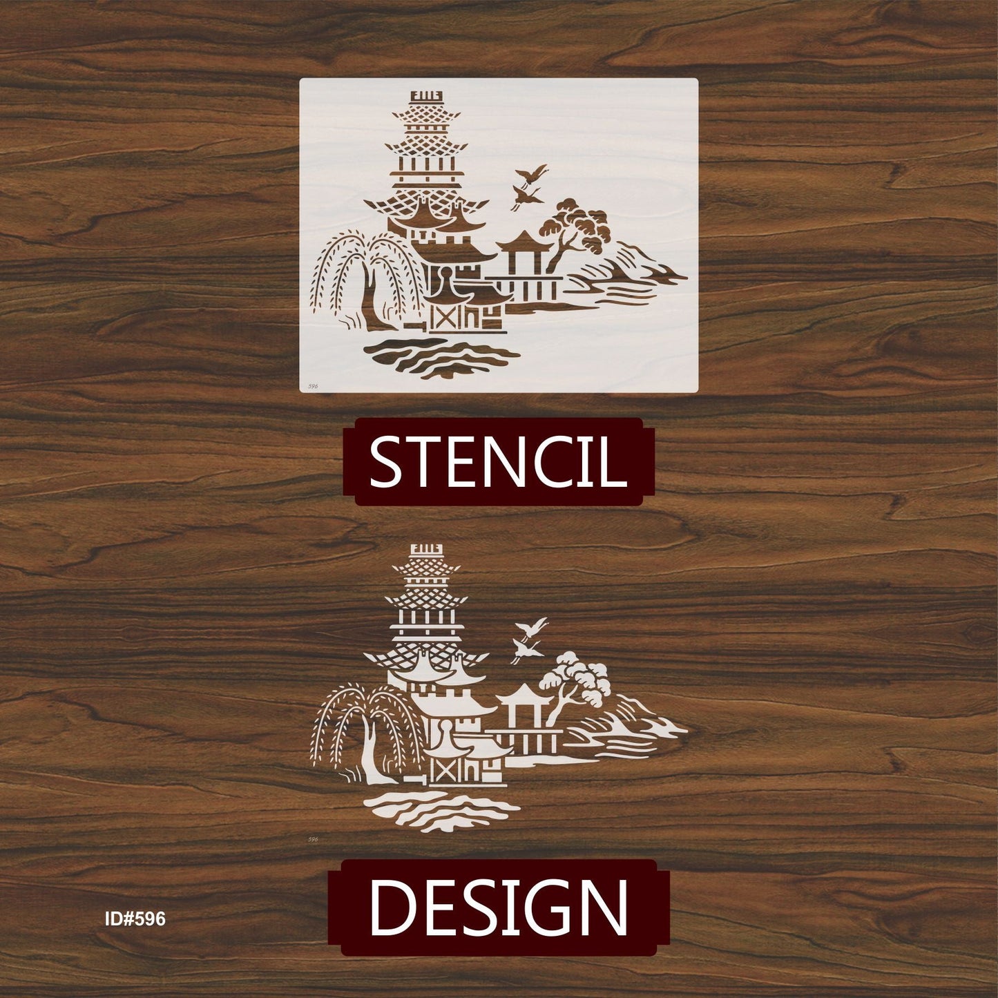 Japanese Pagoda & Landscape Stencil for Wall, Furniture & Fabric Art – Asian Temple Design – ID#596