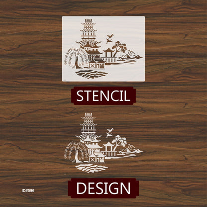 Japanese Pagoda & Landscape Stencil for Wall, Furniture & Fabric Art – Asian Temple Design – ID#596