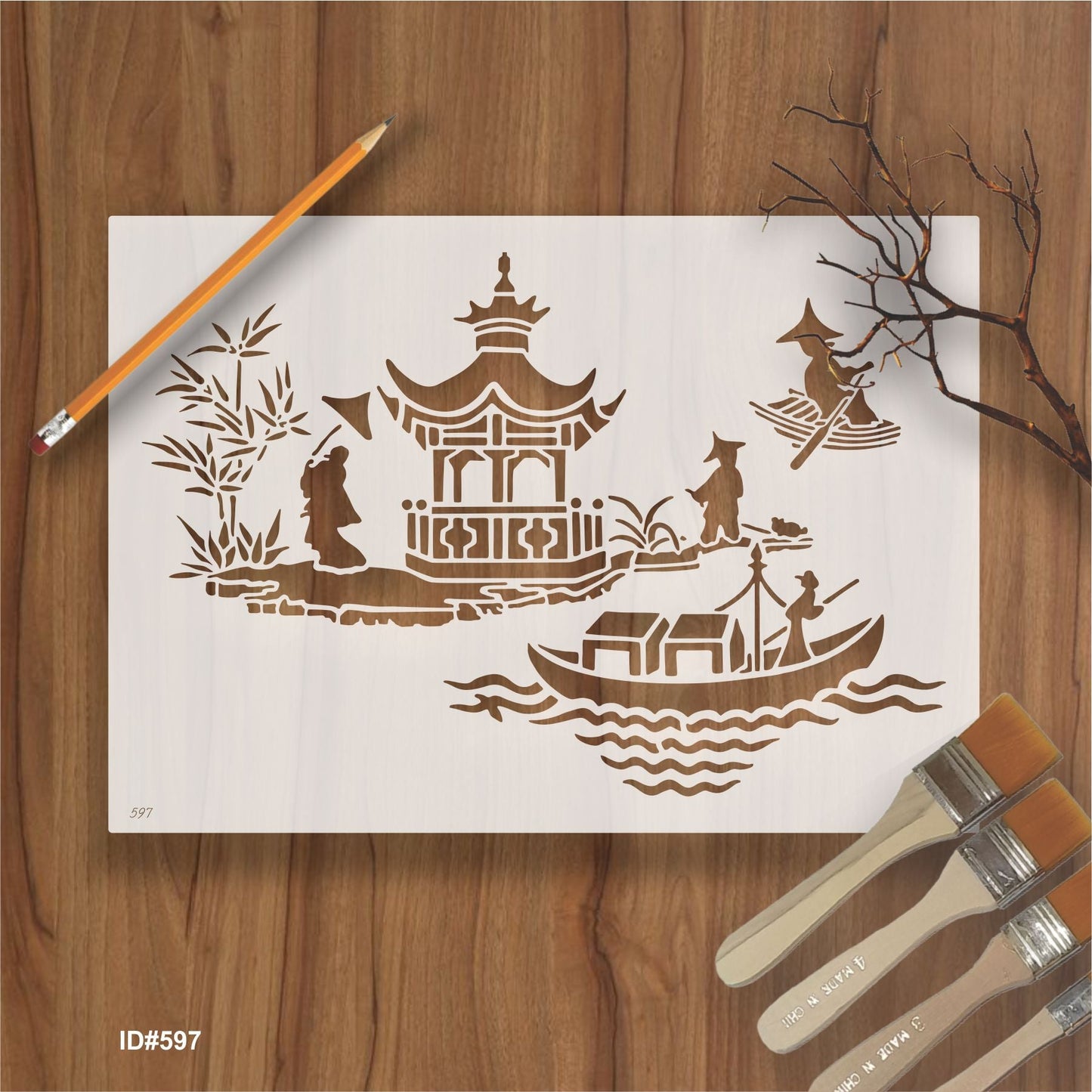 Asian Pagoda & Boat Scene Stencil for Walls, Furniture & Fabric – Oriental Landscape Design – ID#597
