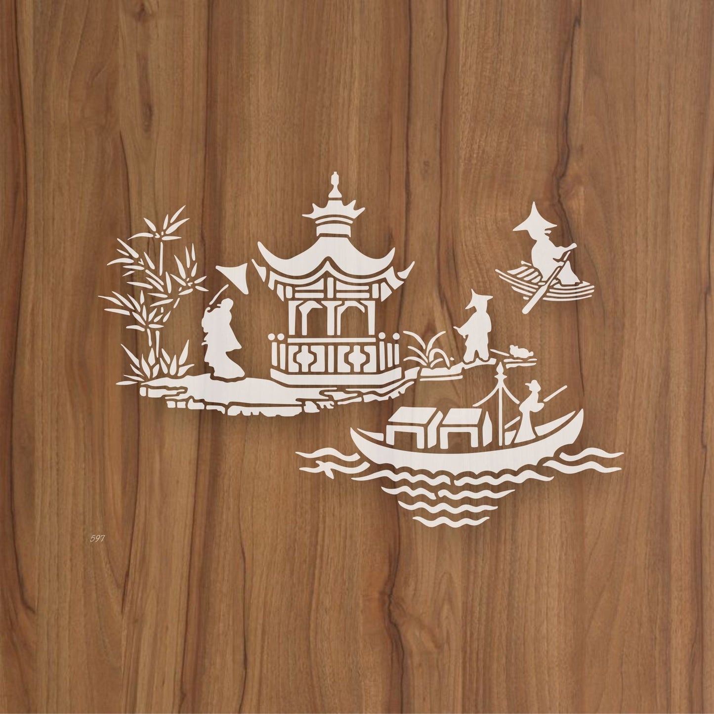 Asian Pagoda & Boat Scene Stencil for Walls, Furniture & Fabric – Oriental Landscape Design – ID#597