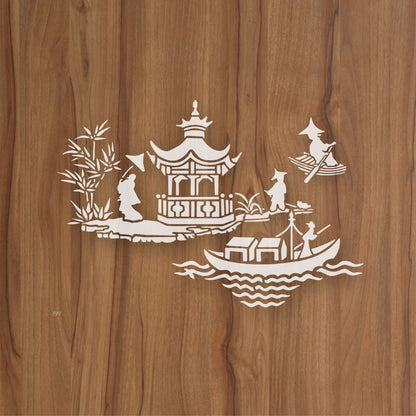 Asian Pagoda & Boat Scene Stencil for Walls, Furniture & Fabric – Oriental Landscape Design – ID#597