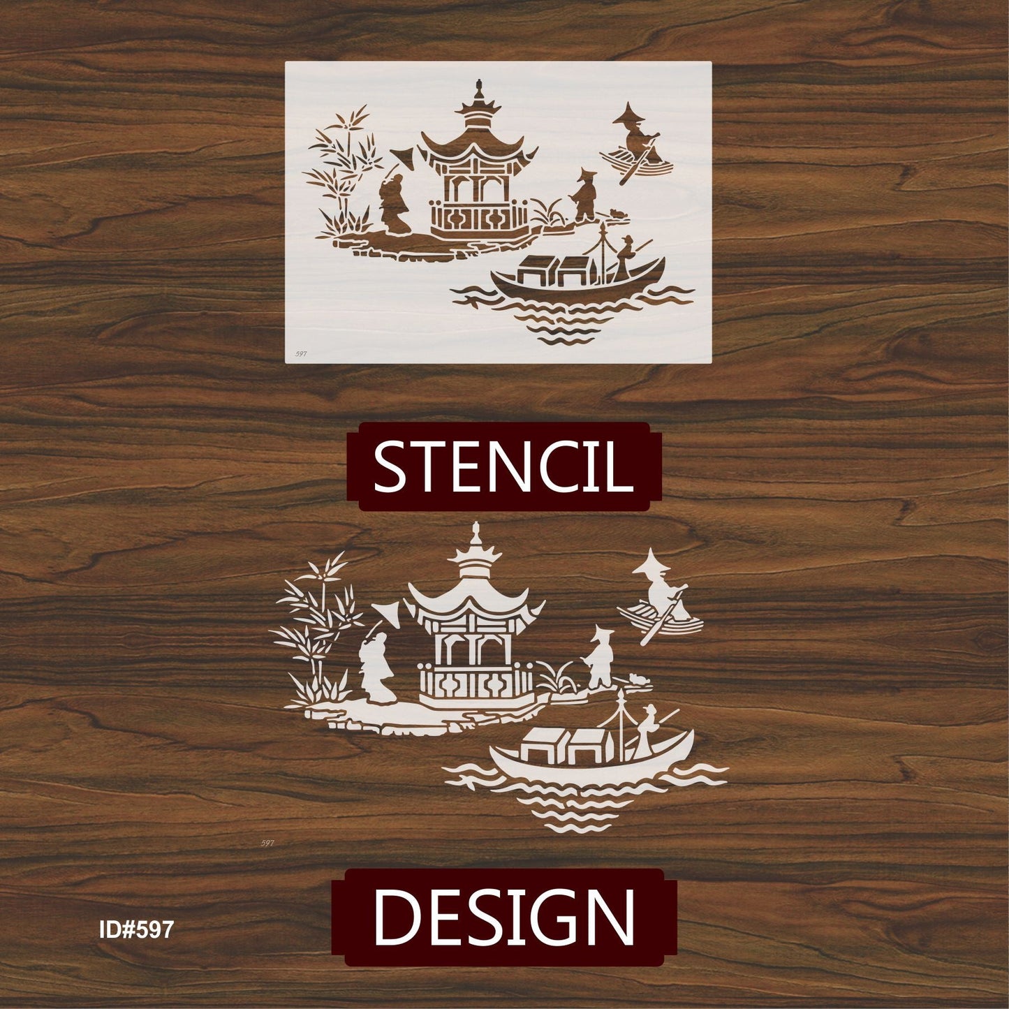 Asian Pagoda & Boat Scene Stencil for Walls, Furniture & Fabric – Oriental Landscape Design – ID#597