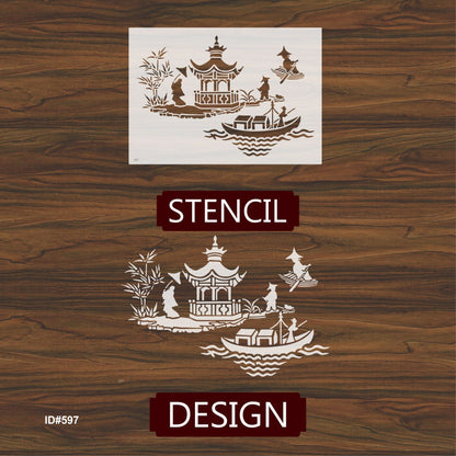 Asian Pagoda & Boat Scene Stencil for Walls, Furniture & Fabric – Oriental Landscape Design – ID#597