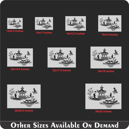 Asian Pagoda & Boat Scene Stencil for Walls, Furniture & Fabric – Oriental Landscape Design – ID#597