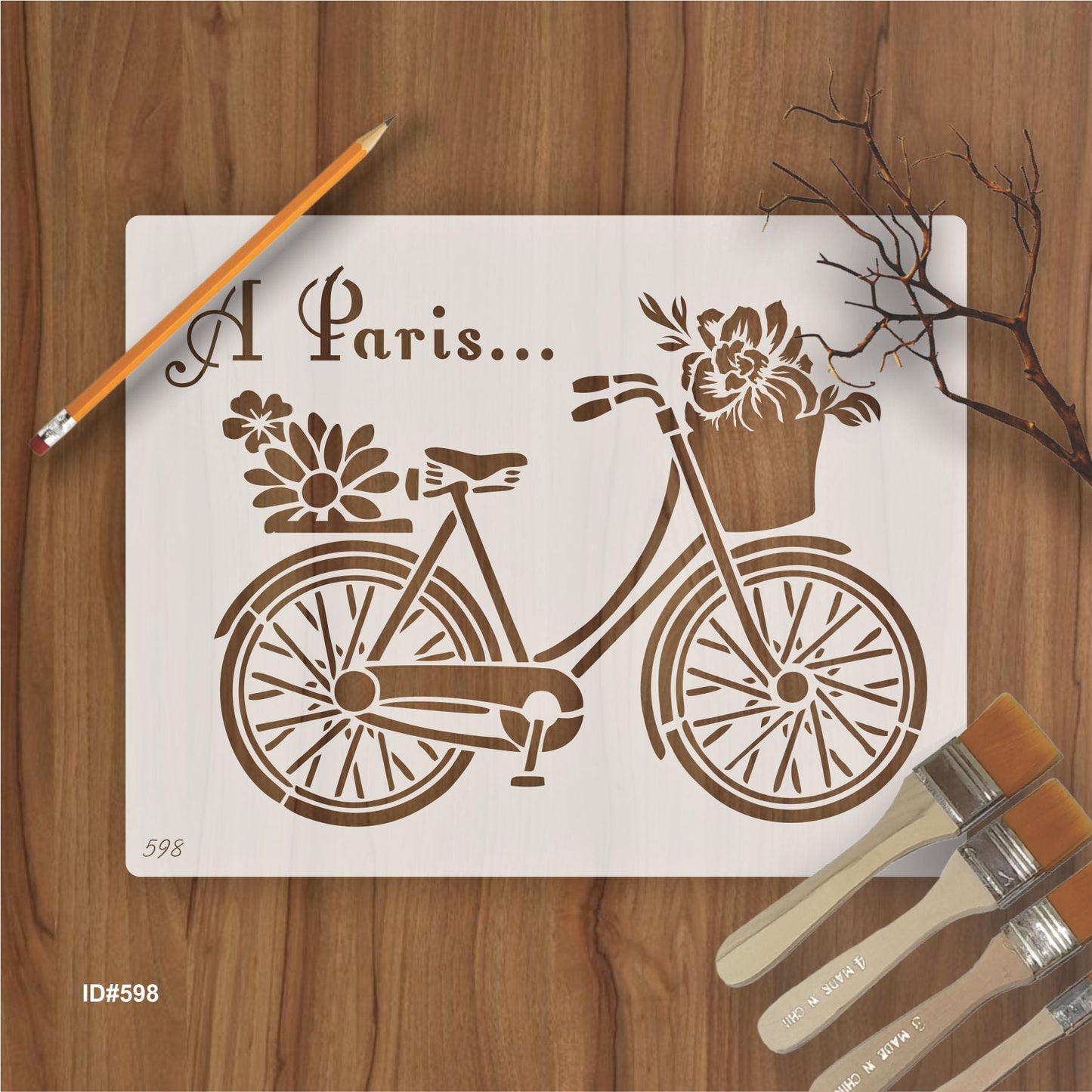 Paris Bicycle with Flowers Stencil for Wall, Furniture & Fabric Art – French Vintage Design – ID#598