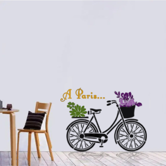 Paris Bicycle with Flowers Stencil for Wall, Furniture & Fabric Art – French Vintage Design – ID#598
