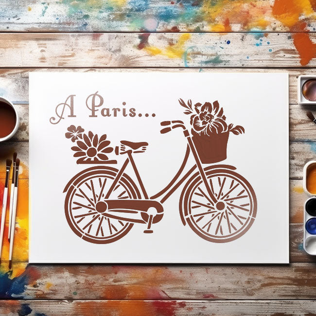 Paris Bicycle with Flowers Stencil for Wall, Furniture & Fabric Art – French Vintage Design – ID#598