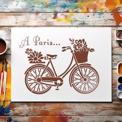 Paris Bicycle with Flowers Stencil for Wall, Furniture & Fabric Art – French Vintage Design – ID#598