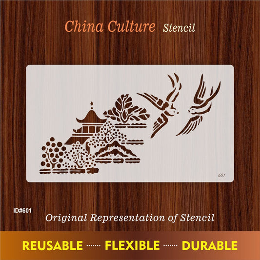 Traditional Pagoda Landscape Stencil for Wall, Wood & Fabric Art – Asian Temple Design – ID# 601