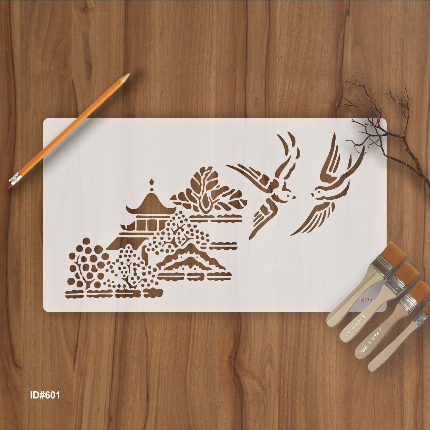 Traditional Pagoda Landscape Stencil for Wall, Wood & Fabric Art – Asian Temple Design – ID# 120