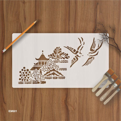 Traditional Pagoda Landscape Stencil for Wall, Wood & Fabric Art – Asian Temple Design – ID# 120