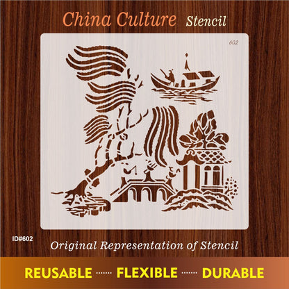 Oriental River Boat & Pagoda Stencil for Wall, Wood & Fabric Art – Asian Landscape Design – ID# 602