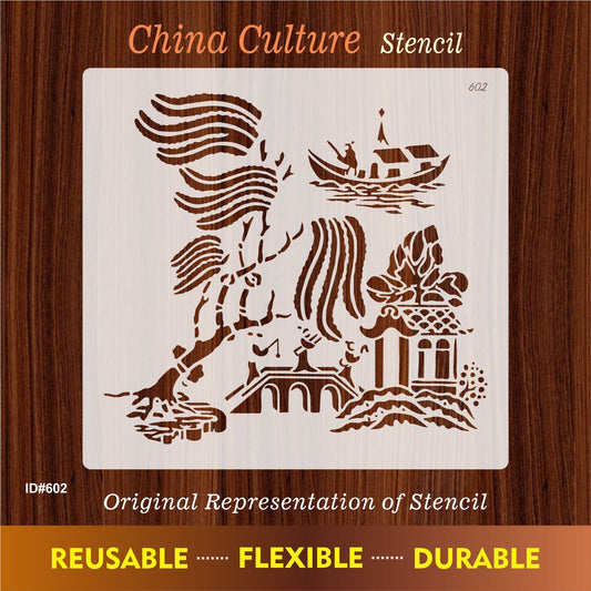 Oriental River Boat & Pagoda Stencil for Wall, Wood & Fabric Art – Asian Landscape Design – ID# 602