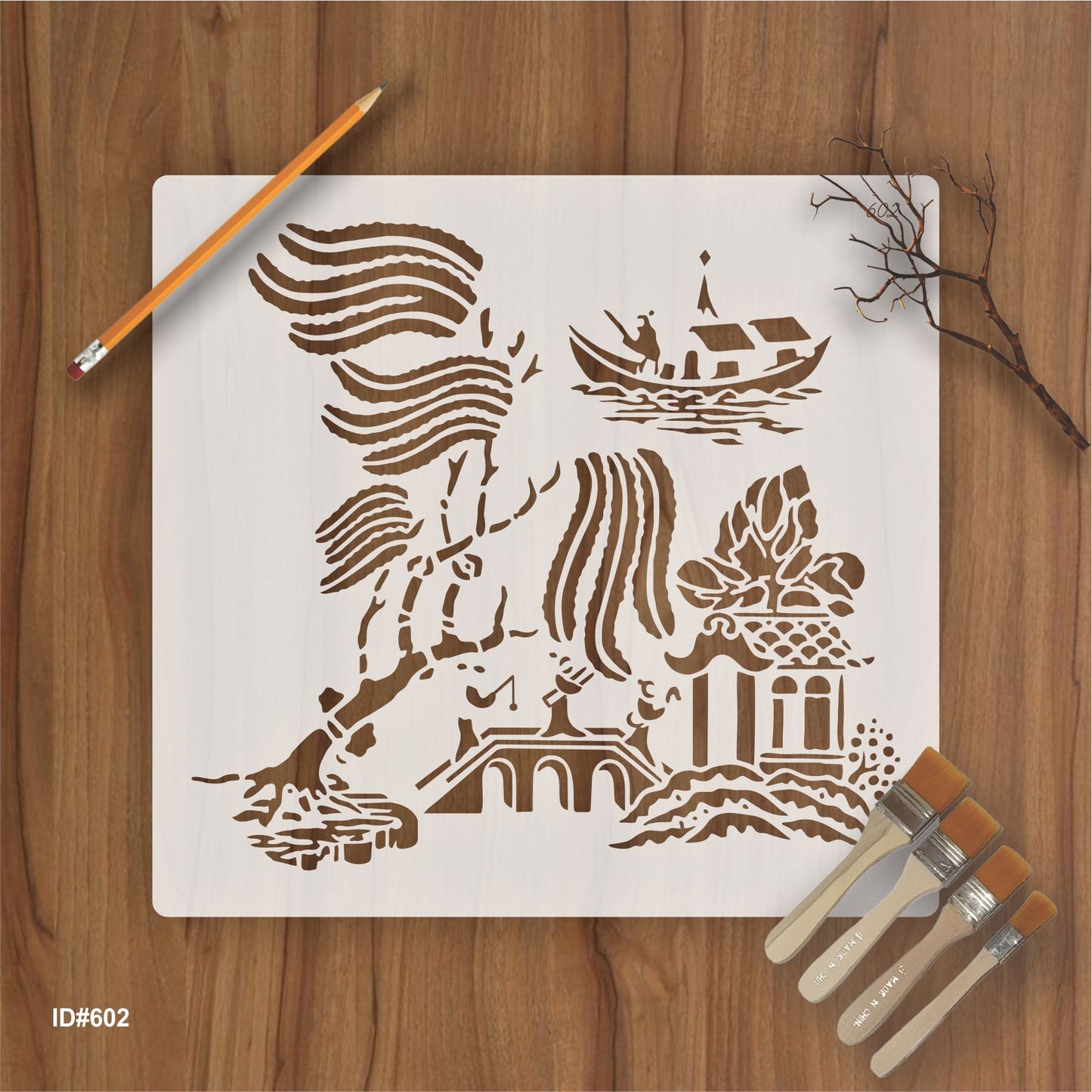 Oriental River Boat & Pagoda Stencil for Wall, Wood & Fabric Art – Asian Landscape Design – ID# 119
