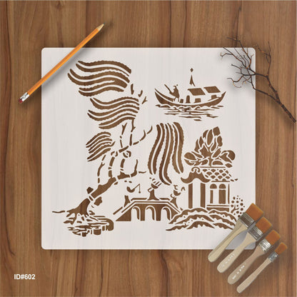 Oriental River Boat & Pagoda Stencil for Wall, Wood & Fabric Art – Asian Landscape Design – ID# 119