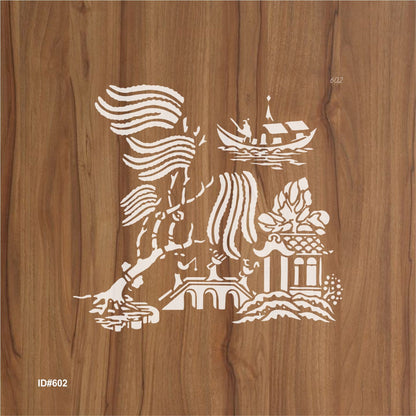 Oriental River Boat & Pagoda Stencil for Wall, Wood & Fabric Art – Asian Landscape Design – ID# 119