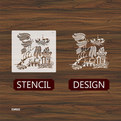 Oriental River Boat & Pagoda Stencil for Wall, Wood & Fabric Art – Asian Landscape Design – ID# 119