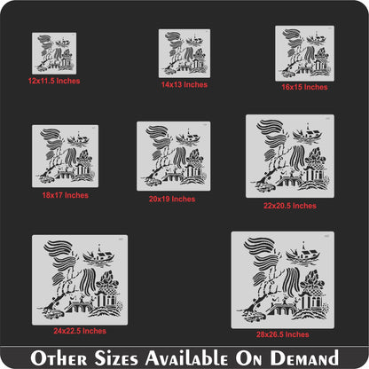 Oriental River Boat & Pagoda Stencil for Wall, Wood & Fabric Art – Asian Landscape Design – ID# 119