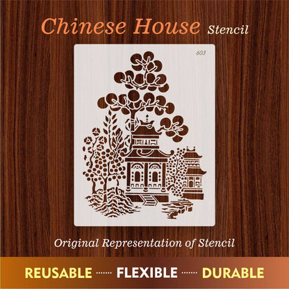 Oriental Pagoda Garden Stencil for Wall, Fabric & Furniture Painting – Asian Temple Design – ID# 603