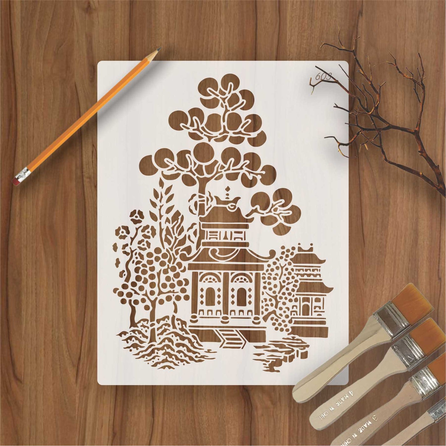 Oriental Pagoda Garden Stencil for Wall, Fabric & Furniture Painting – Asian Temple Design – ID# 603