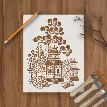 Oriental Pagoda Garden Stencil for Wall, Fabric & Furniture Painting – Asian Temple Design – ID# 603